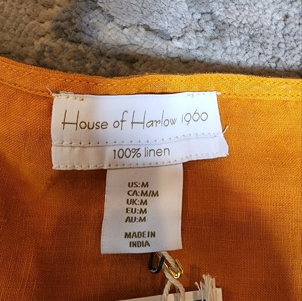 100%‎ Linen NWT House of Harlow Embroidered Orange Blouse Top Shirt Size M